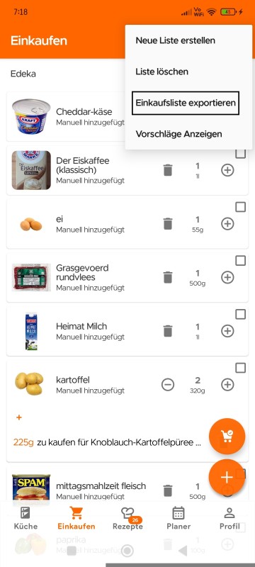 Export Shopping List option in overflow menu